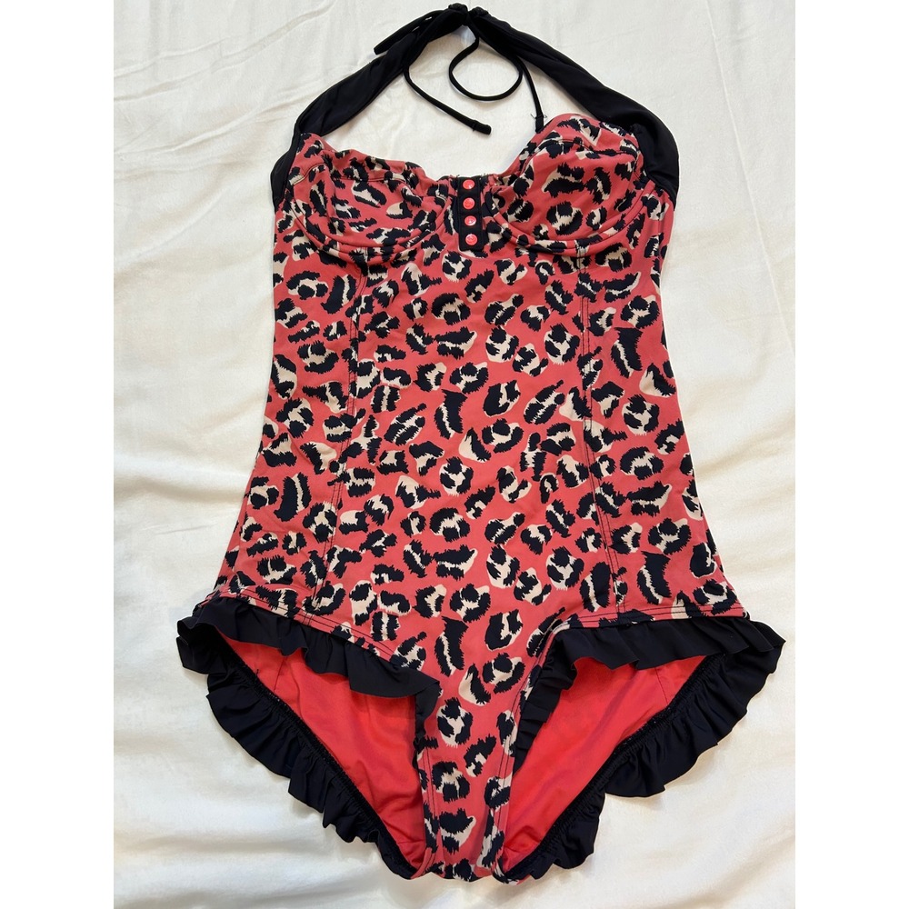 Retro Marc Jacobs Rare Leopard  Ruffle One Piece Swimsuit Red Black Halter S‎
